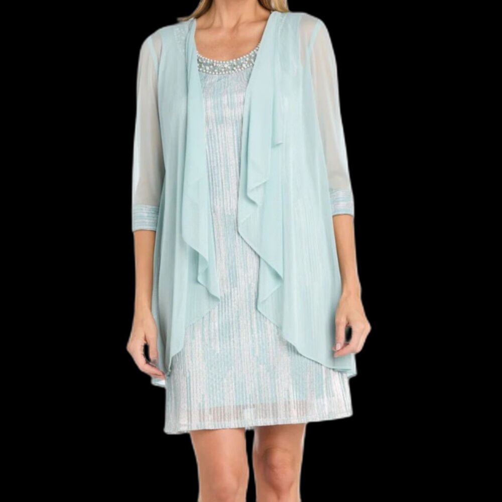 NWT R&M Richards Metallic Beaded Dress W/ Sheer Jacket Set Size 8 Style 3377